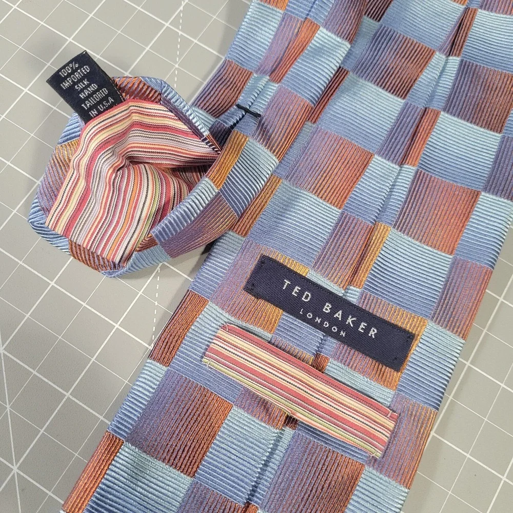 Ted Baker Necktie Blue Gold Squares 100% Silk Wide Heavyweight Made USA